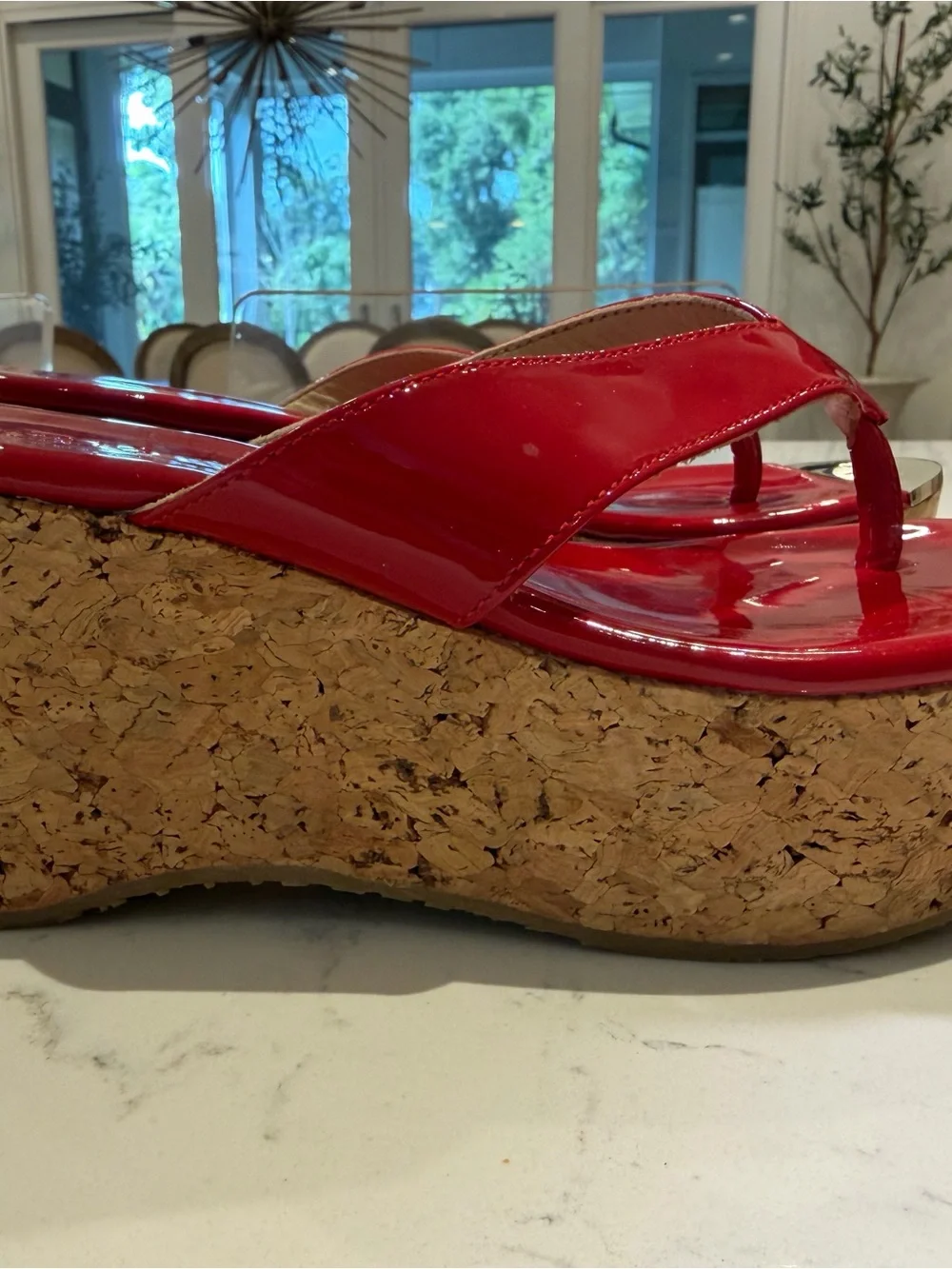 Jimmy Choo Pathos Red Patent Leather Cork Wedge Thong Sandals